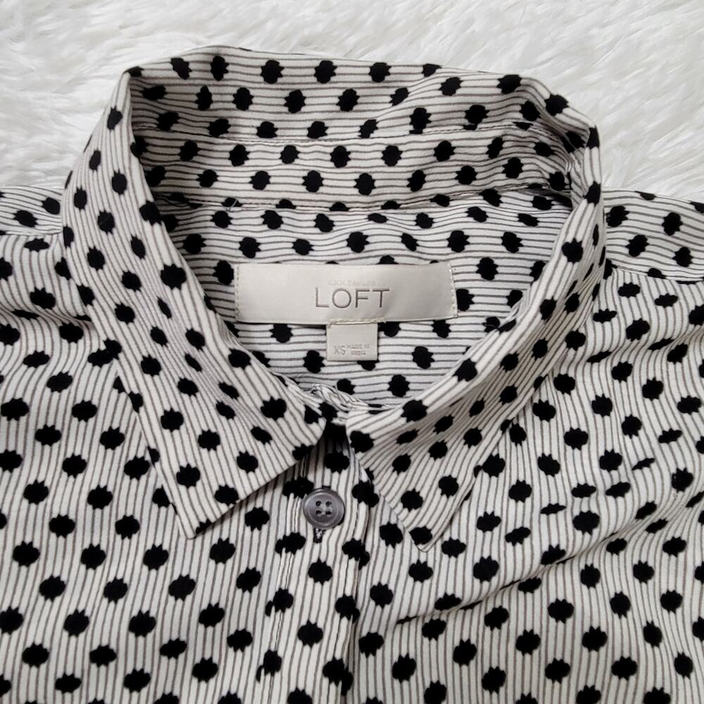 LOFT Polka Dot Striped Button Down Shirt Womens XS Black White Long Sleeve - Picture 6 of 9